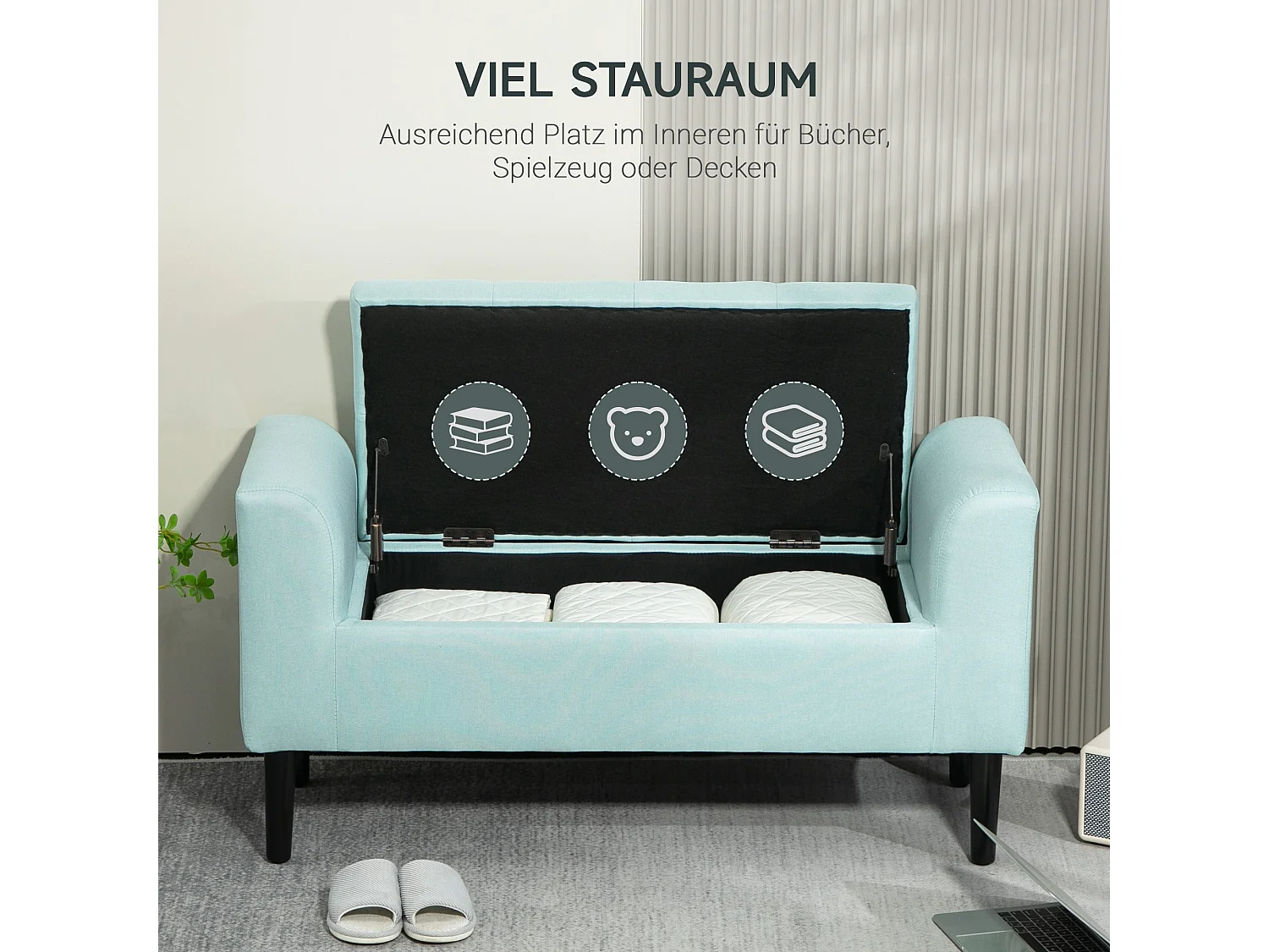 Banc de rangement avec assise rembourrée, tissu en polyester, pieds en bois, vert (100x40x44 cm)