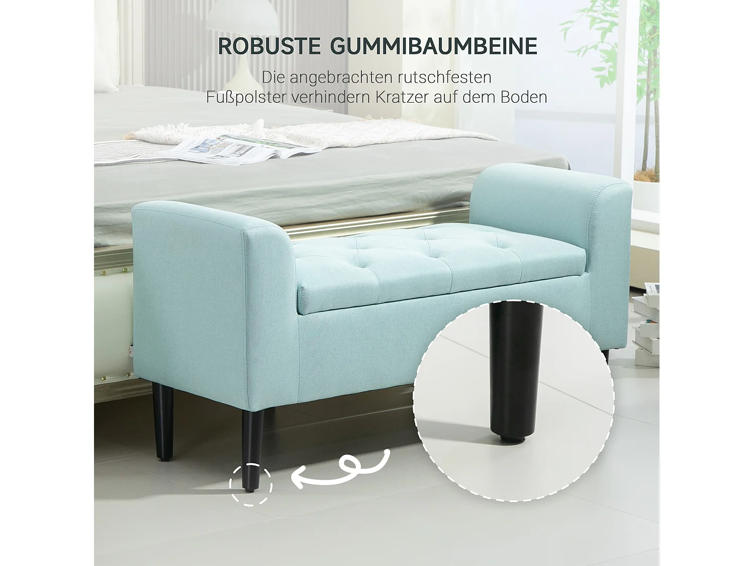 Banc de rangement avec assise rembourrée, tissu en polyester, pieds en bois, vert (100x40x44 cm)