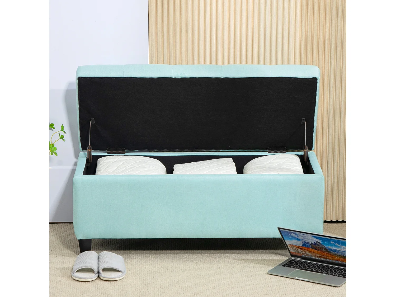 Banc de rangement avec assise rembourrée, tissu en polyester, pieds en bois, vert (100x40x44 cm)