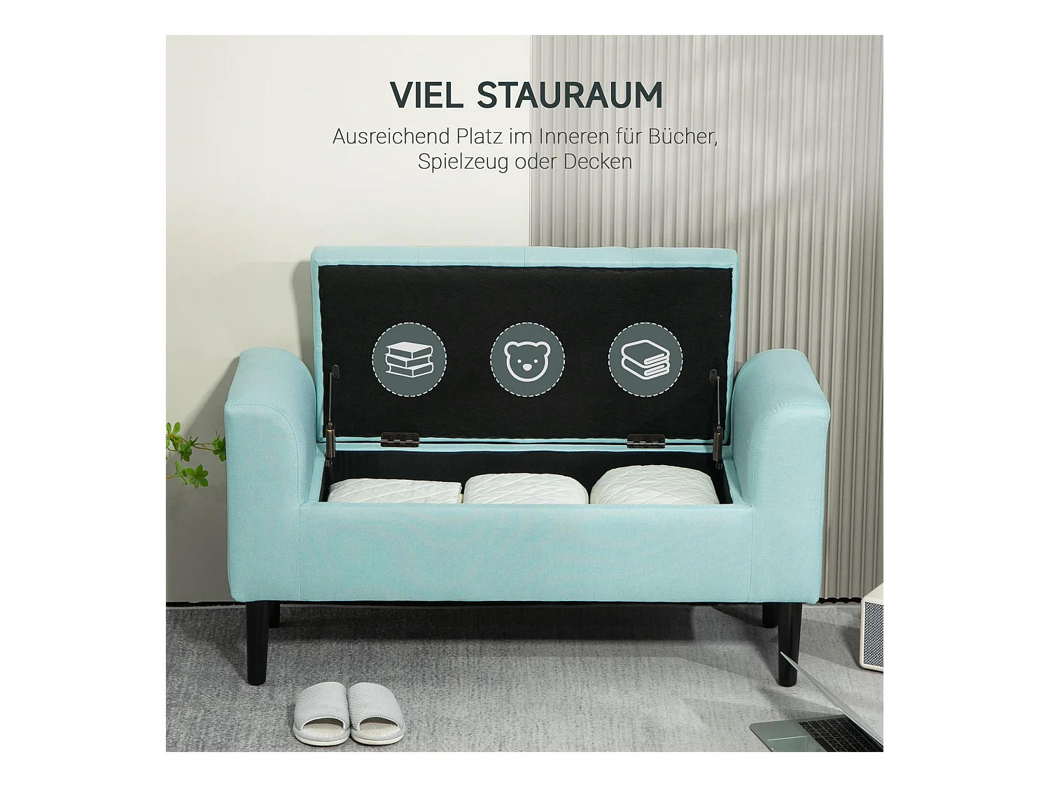 Banc avec rangement, tissu effet lin, pieds en bois, vert (116x44x58 cm)