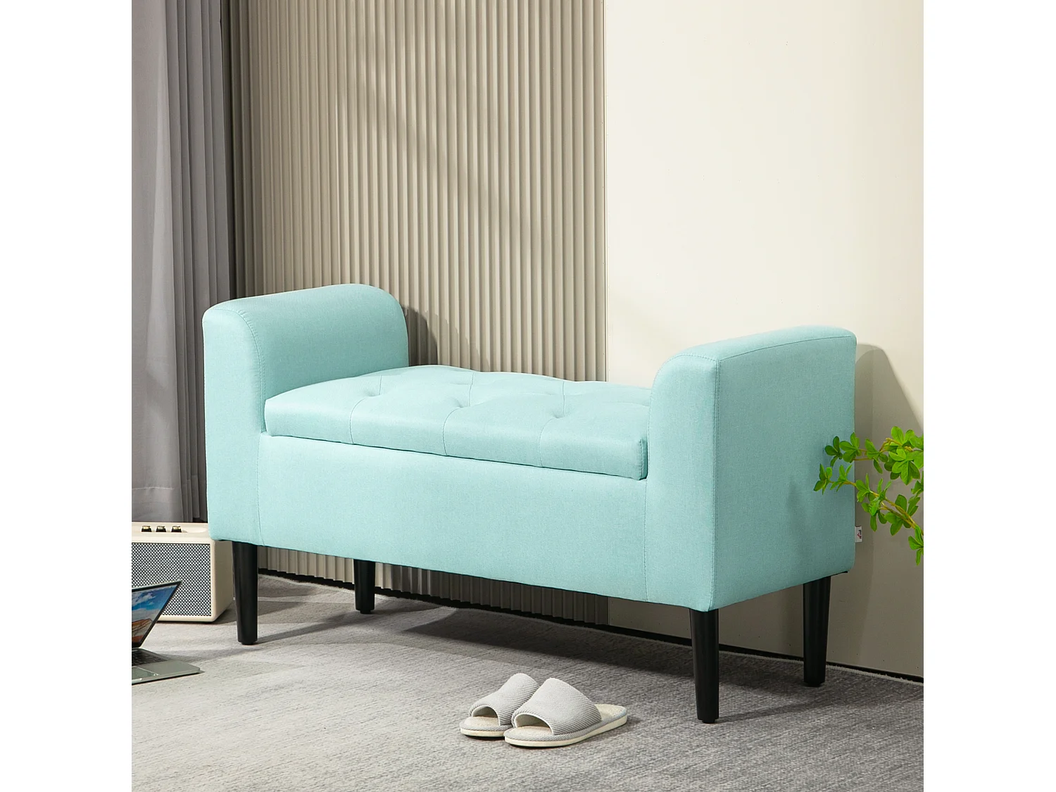 Banc avec rangement, tissu effet lin, pieds en bois, vert (116x44x58 cm)