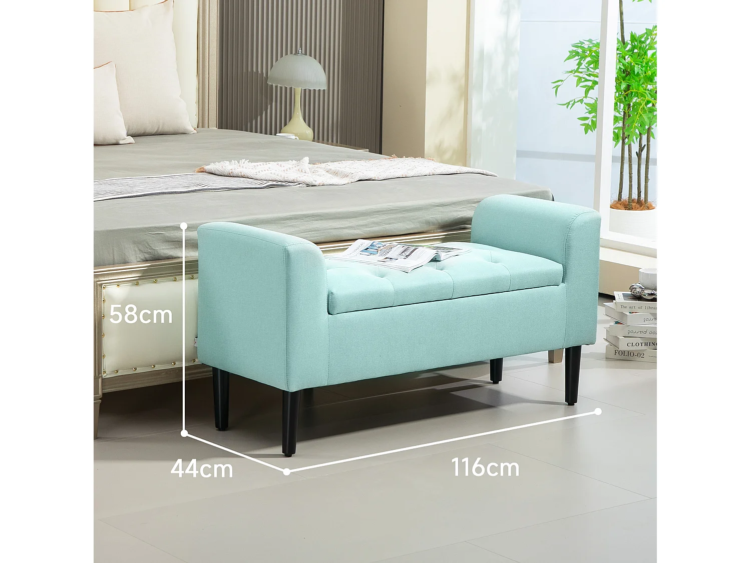 Banc avec rangement, tissu effet lin, pieds en bois, vert (116x44x58 cm)