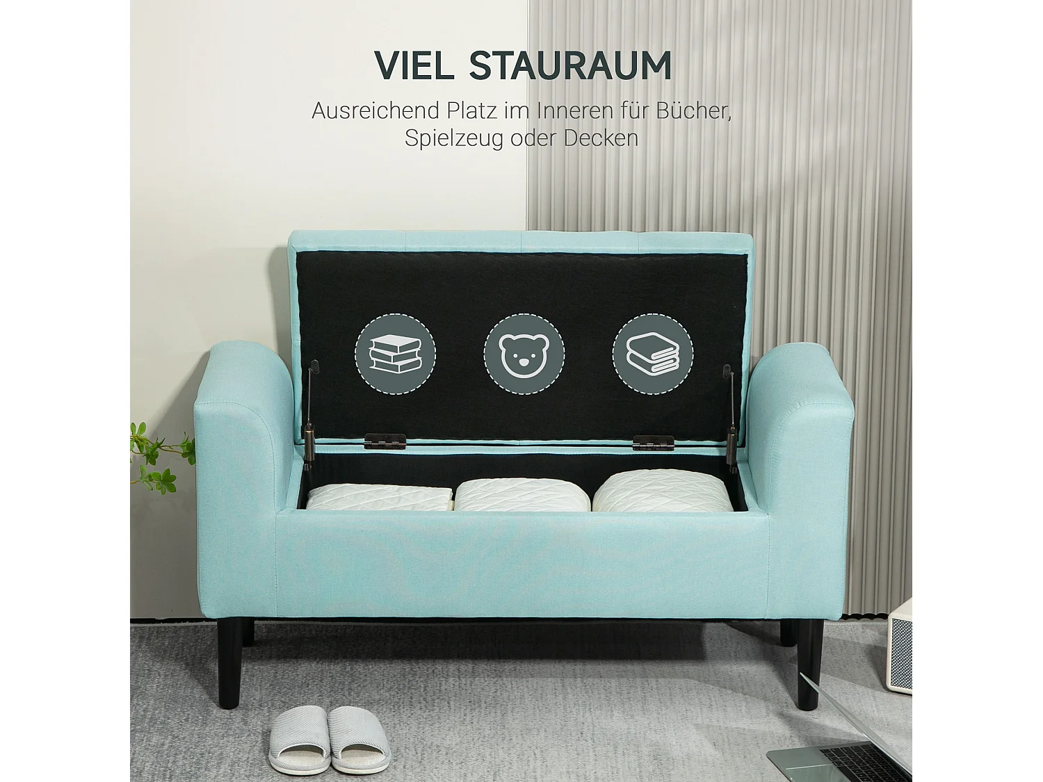 Banc avec rangement, tissu effet lin, pieds en bois, vert (116x44x58 cm)