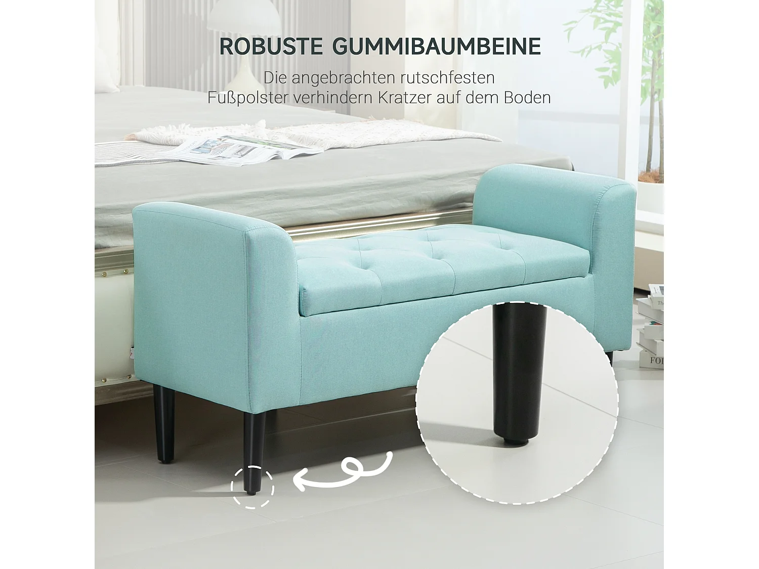 Banc avec rangement, tissu effet lin, pieds en bois, vert (116x44x58 cm)