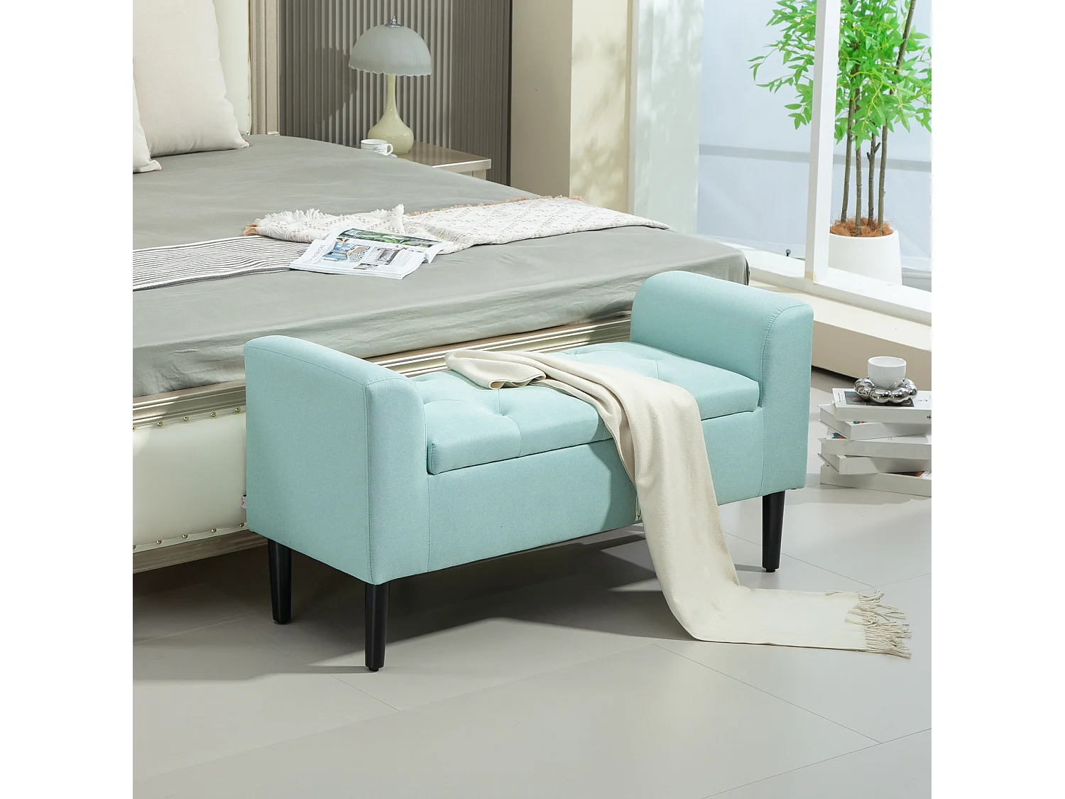 Banc avec rangement, tissu effet lin, pieds en bois, vert (116x44x58 cm)