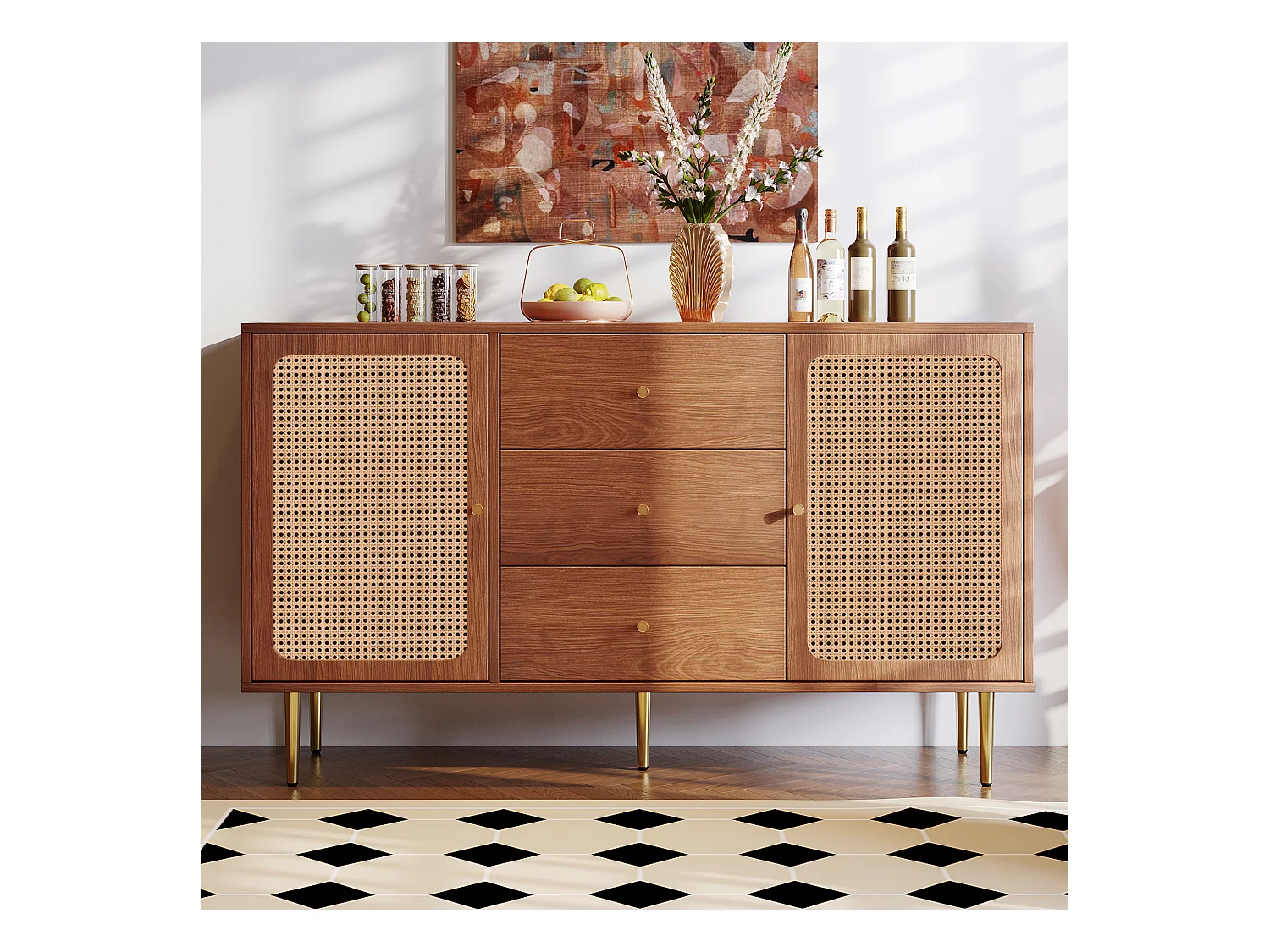 Commode avec 2 portes et 3 tiroirs, design vintage, bois et métal, noyer (90x150x40 cm)