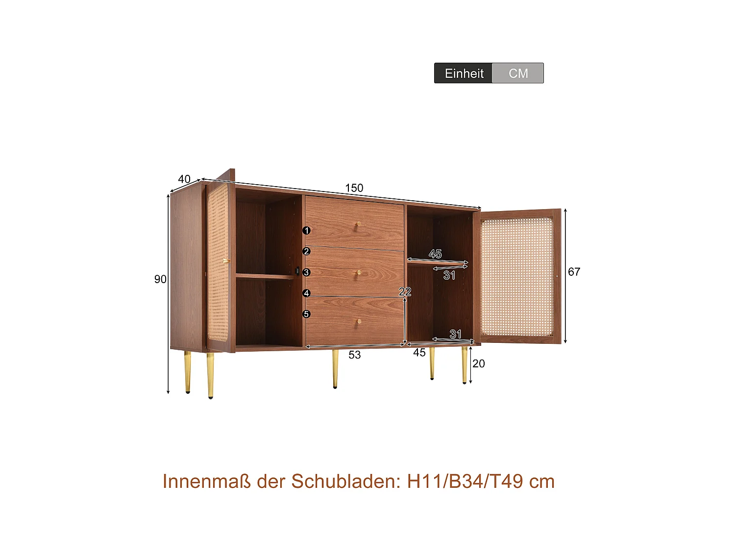 Commode avec 2 portes et 3 tiroirs, design vintage, bois et métal, noyer (90x150x40 cm)