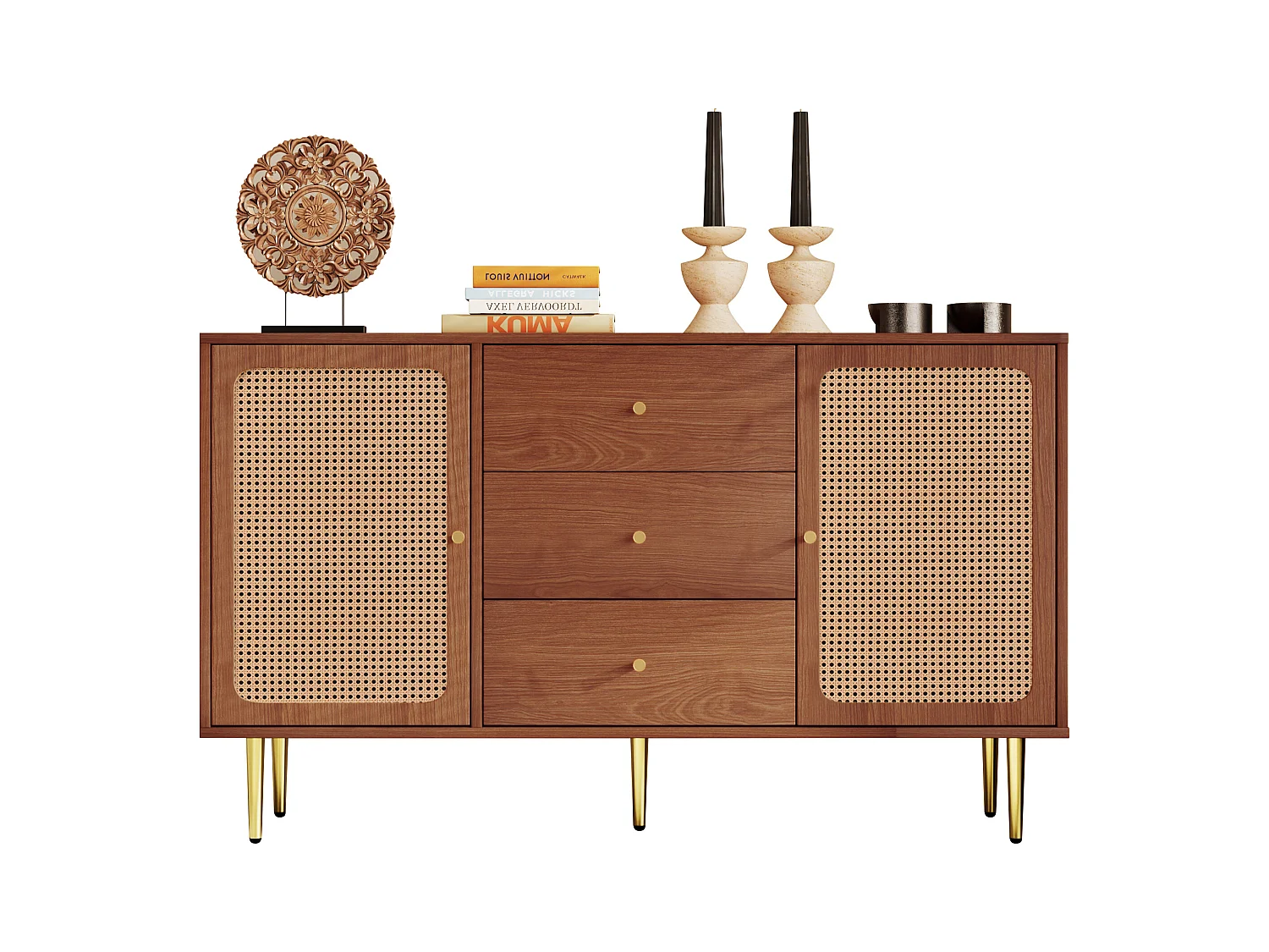 Commode avec 2 portes et 3 tiroirs, design vintage, bois et métal, noyer (90x150x40 cm)