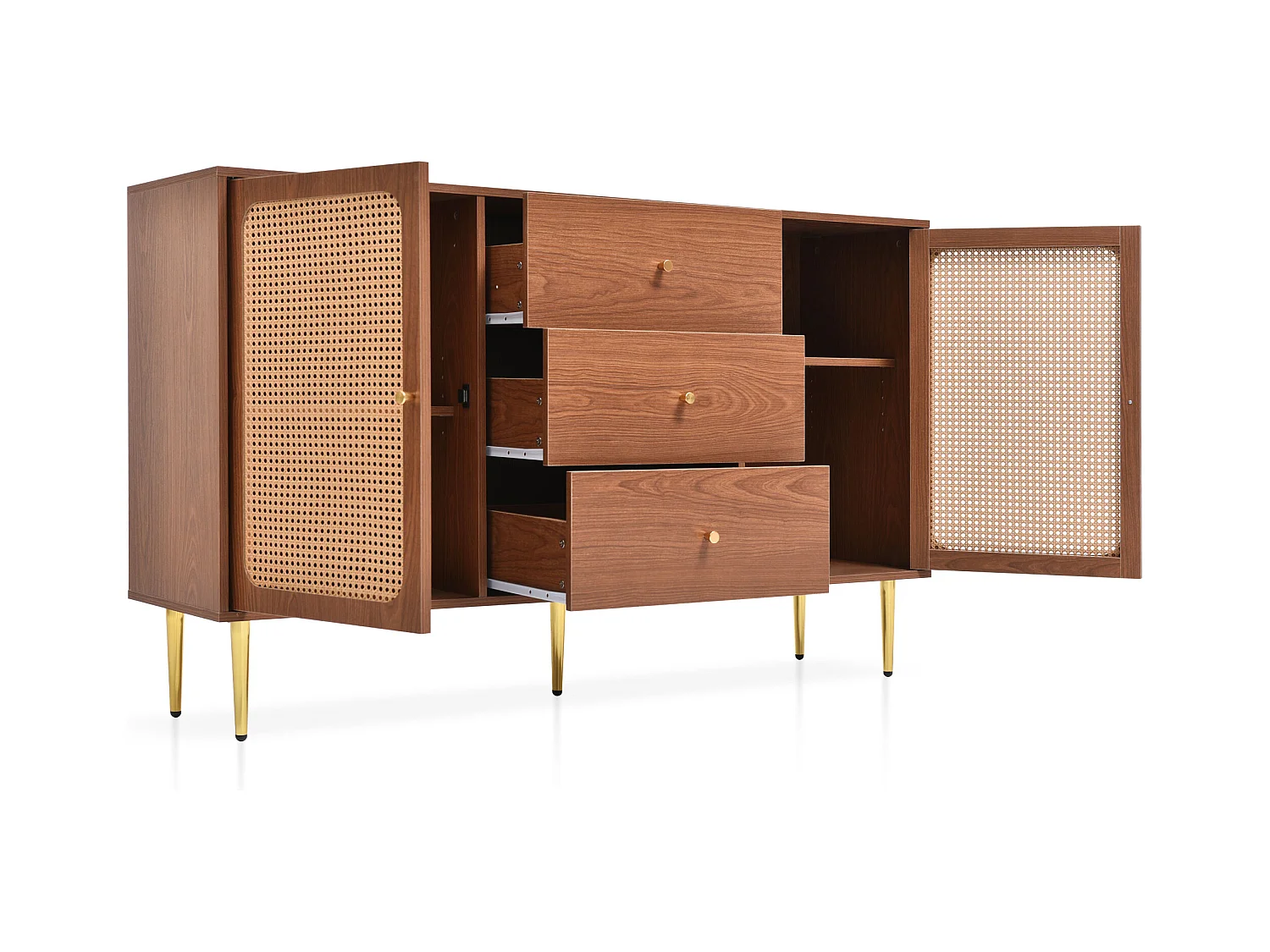 Commode avec 2 portes et 3 tiroirs, design vintage, bois et métal, noyer (90x150x40 cm)