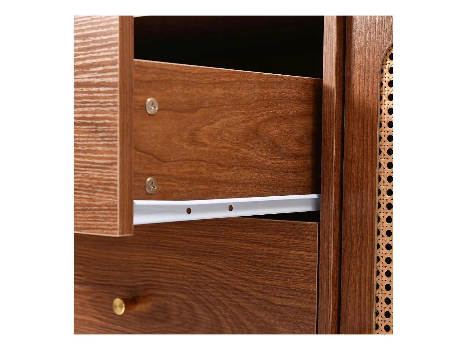 Commode avec 2 portes et 3 tiroirs, design vintage, bois et métal, noyer (90x150x40 cm)