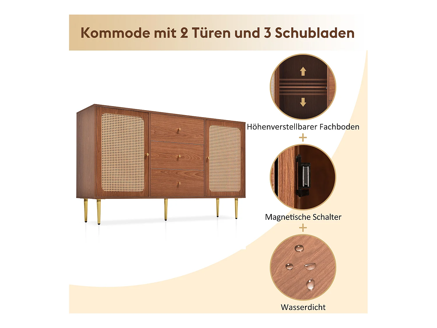 Commode avec 2 portes et 3 tiroirs, design vintage, bois et métal, noyer (90x150x40 cm)