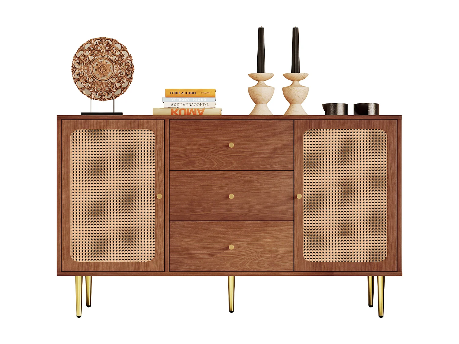 Cassettiera con 2 ante e 3 cassetti, design vintage, legno e metallo, noce (90x150x40 cm)