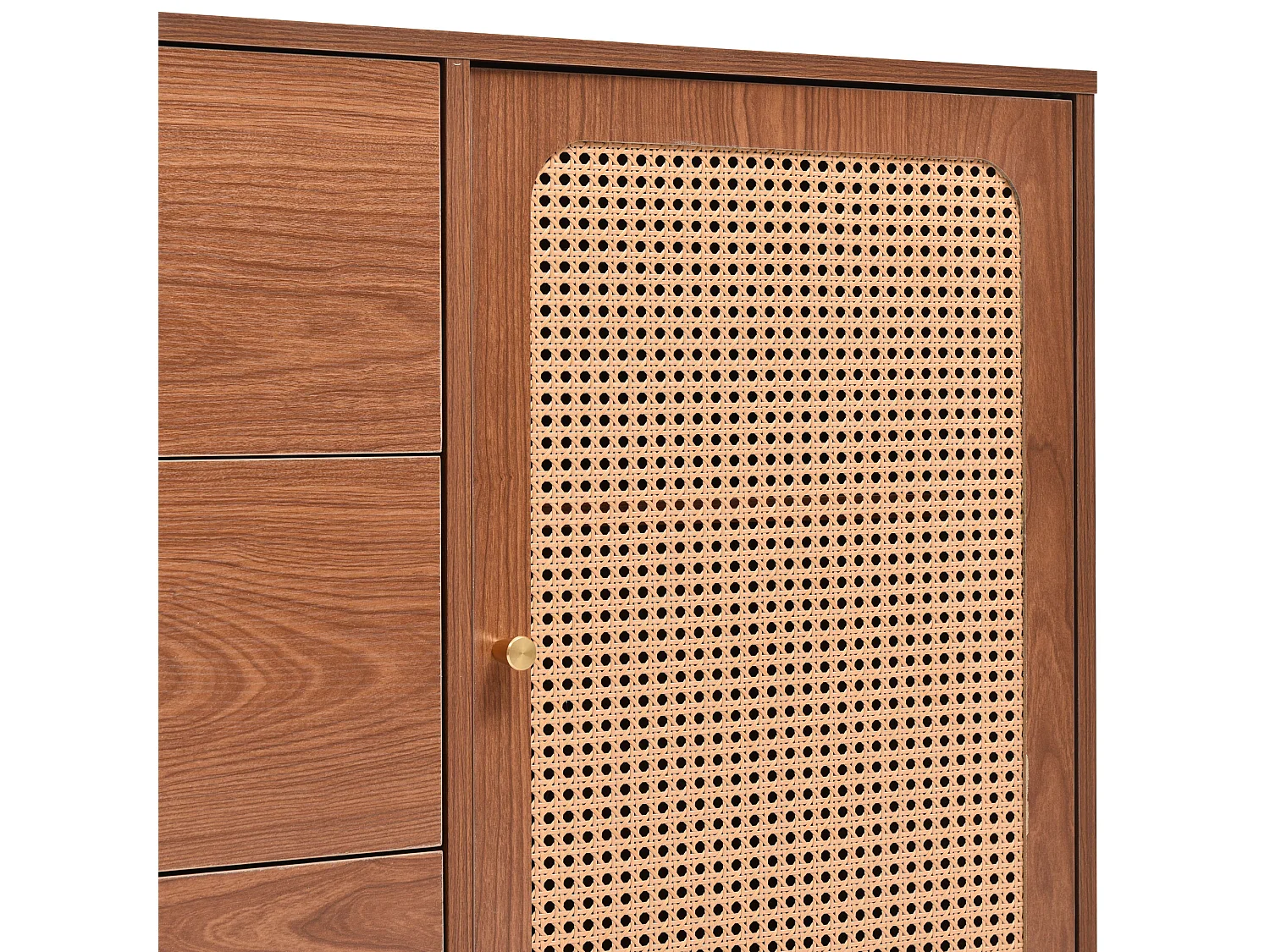 Cassettiera con 2 ante e 3 cassetti, design vintage, legno e metallo, noce (90x150x40 cm)