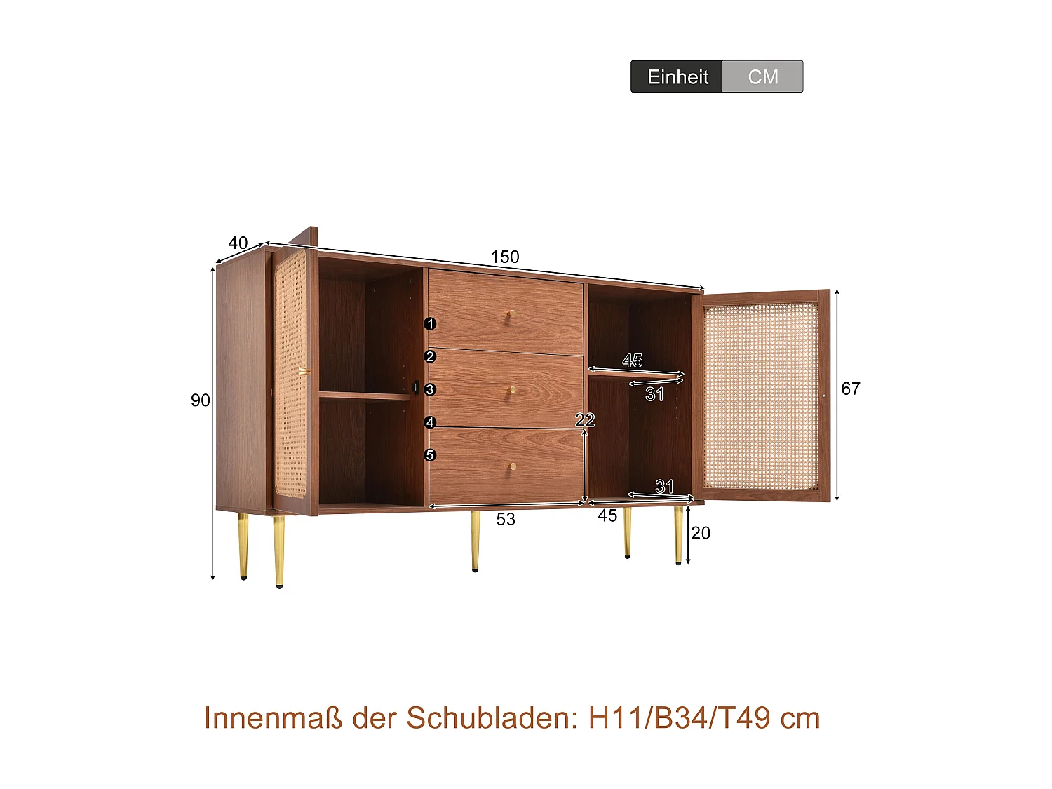 Commode avec 2 portes et 3 tiroirs, design vintage, bois et métal, noyer (90x150x40 cm)
