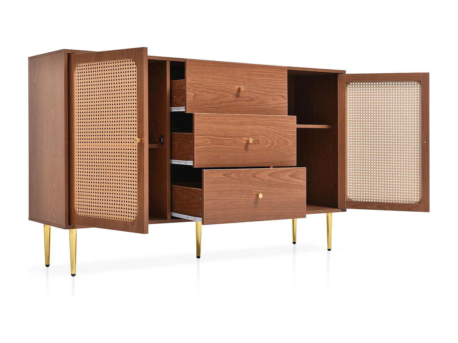 Commode avec 2 portes et 3 tiroirs, design vintage, bois et métal, noyer (90x150x40 cm)