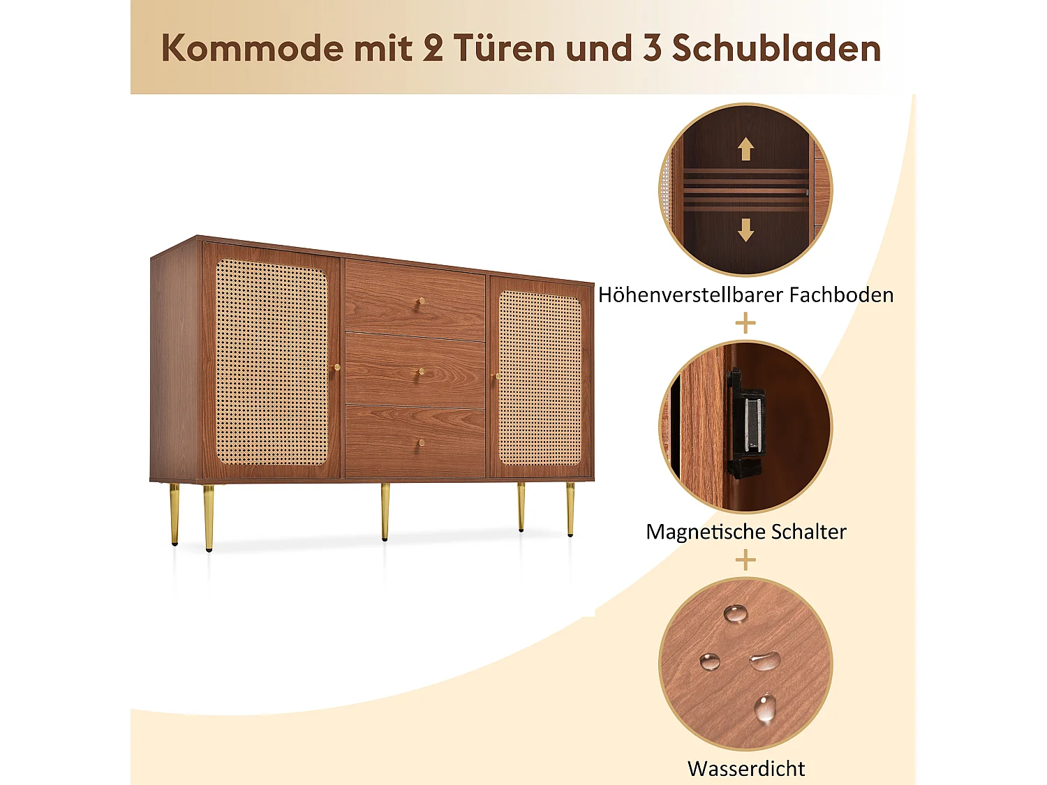 Commode avec 2 portes et 3 tiroirs, design vintage, bois et métal, noyer (90x150x40 cm)