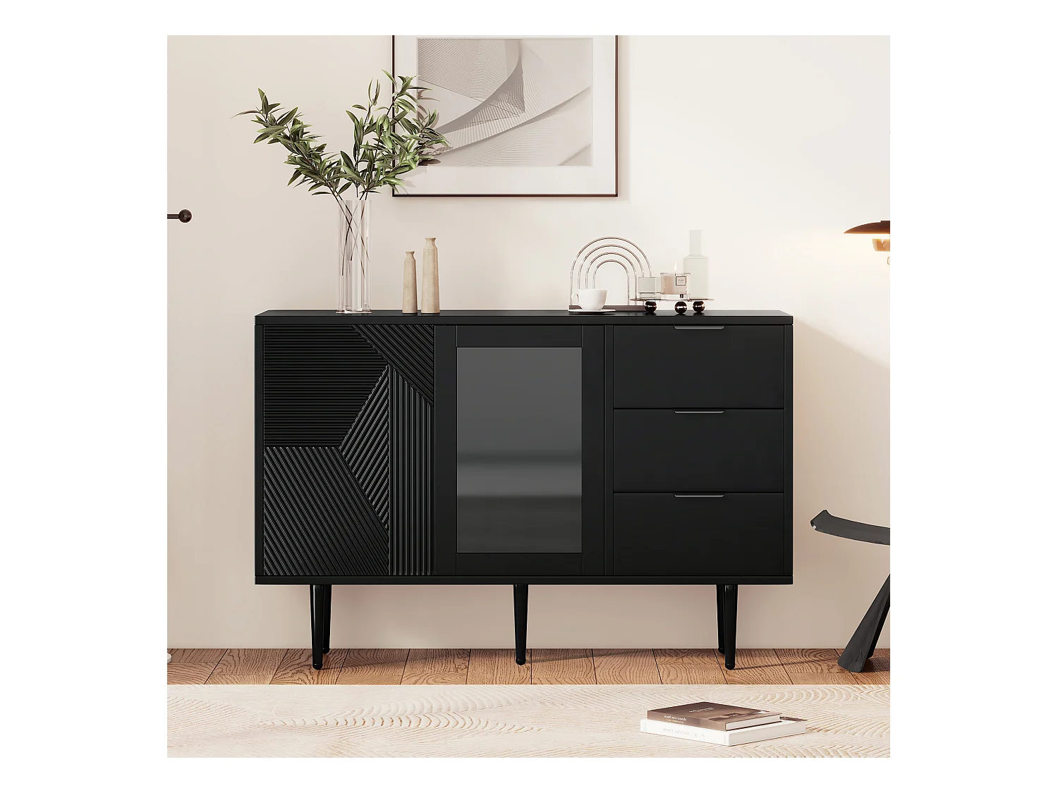 Ladekast met 3 lades en 2 deuren, met metalen poten en glazen deuren, zwart (120x38x79,5 cm)