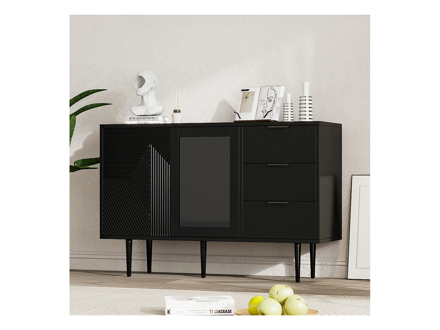 Ladekast met 3 lades en 2 deuren, met metalen poten en glazen deuren, zwart (120x38x79,5 cm)