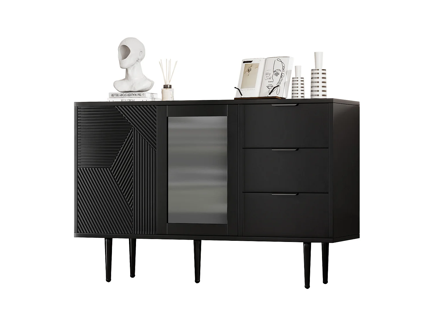 Ladekast met 3 lades en 2 deuren, met metalen poten en glazen deuren, zwart (120x38x79,5 cm)