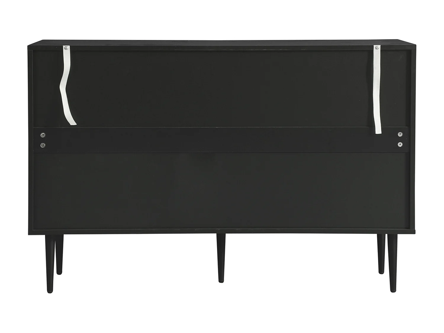 Ladekast met 3 lades en 2 deuren, met metalen poten en glazen deuren, zwart (120x38x79,5 cm)