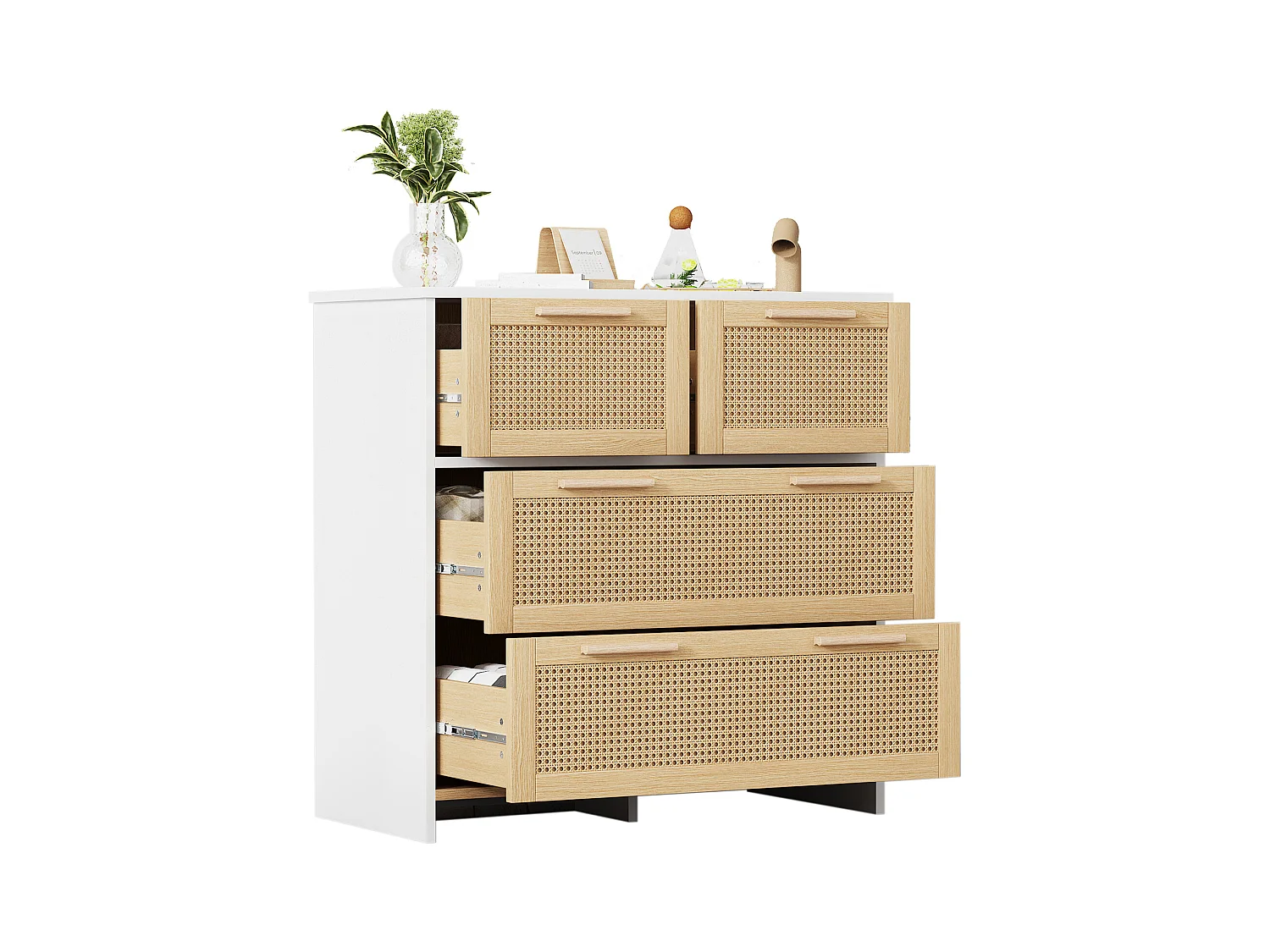 Rotan ladekast, 4-ladenkast met massief houten handgrepen, natuurlijk design, voor woonkamer en hal (80x25x90 cm)