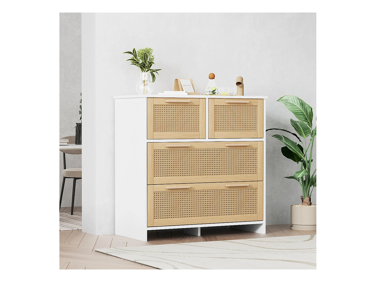 Rotan ladekast, 4-ladenkast met massief houten handgrepen, natuurlijk design, voor woonkamer en hal (80x25x90 cm)