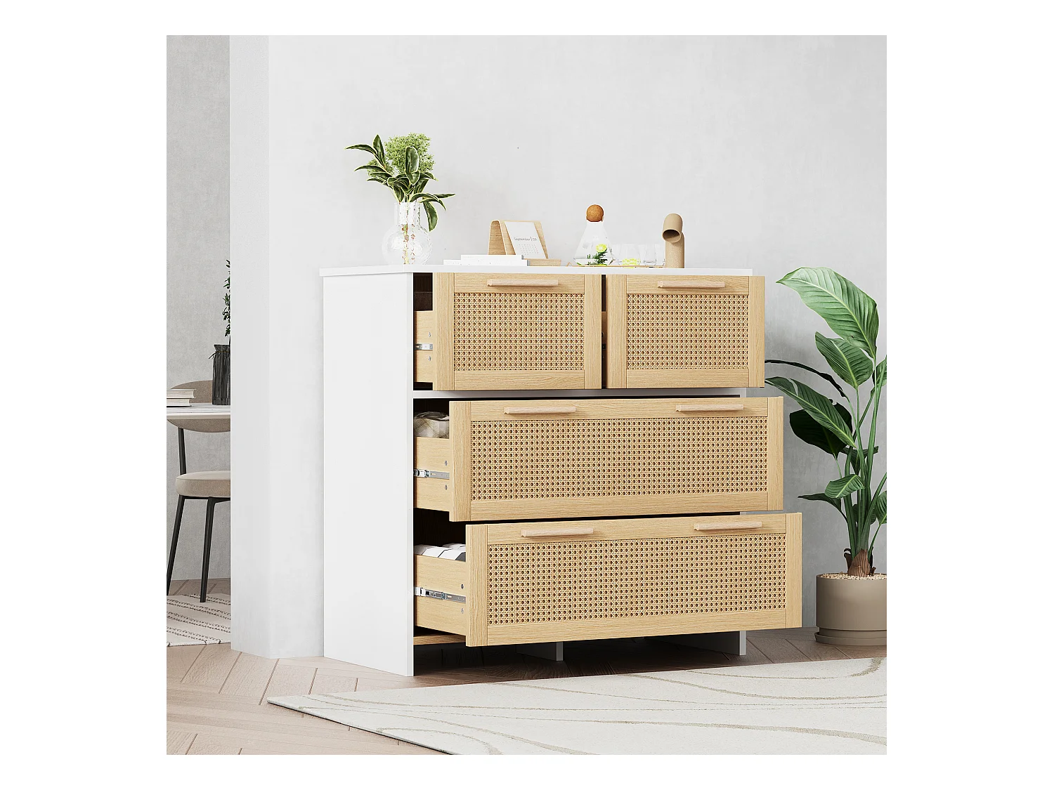 Rotan ladekast, 4-ladenkast met massief houten handgrepen, natuurlijk design, voor woonkamer en hal (80x25x90 cm)