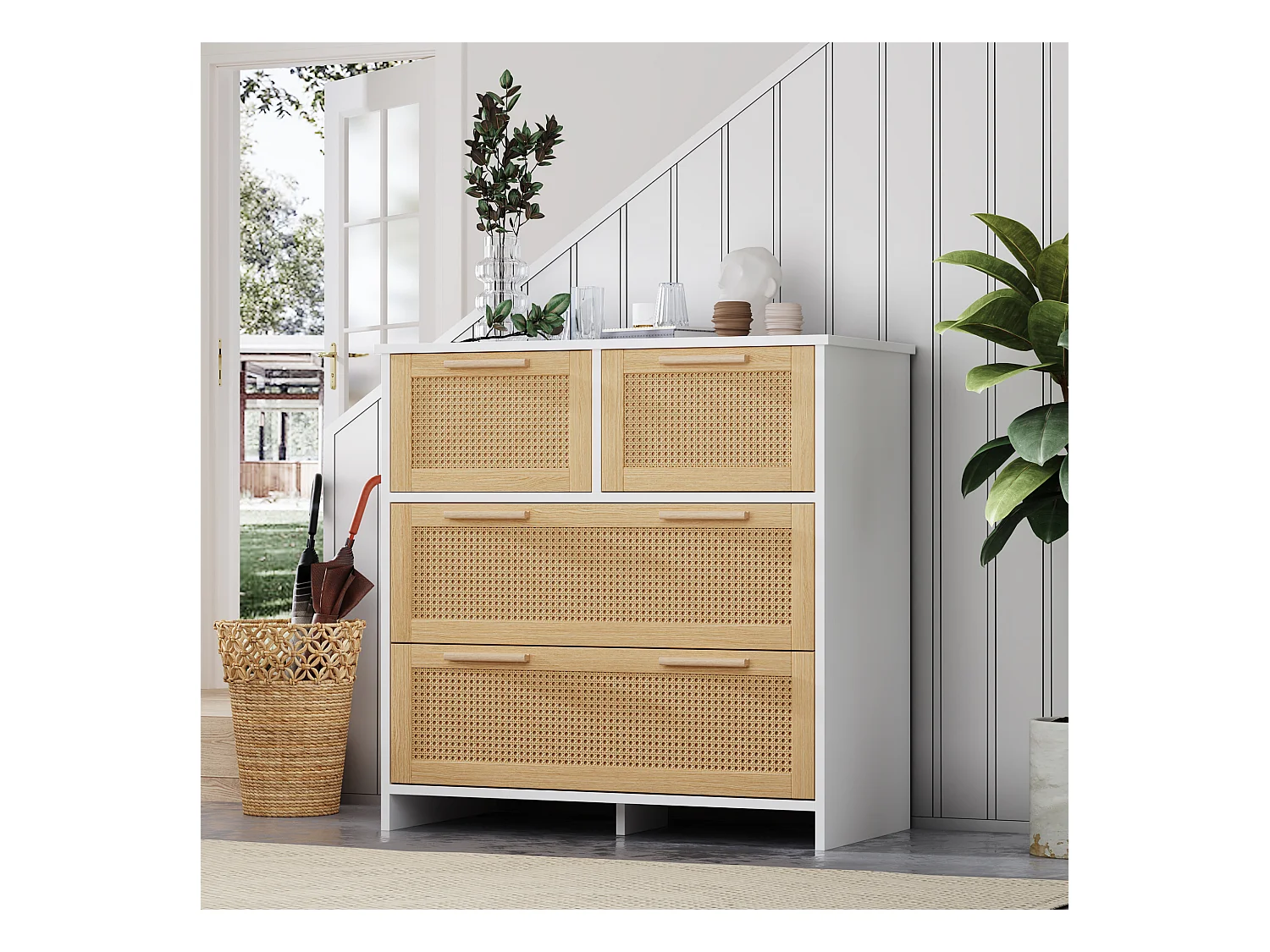 Rotan ladekast, 4-ladenkast met massief houten handgrepen, natuurlijk design, voor woonkamer en hal (80x25x90 cm)