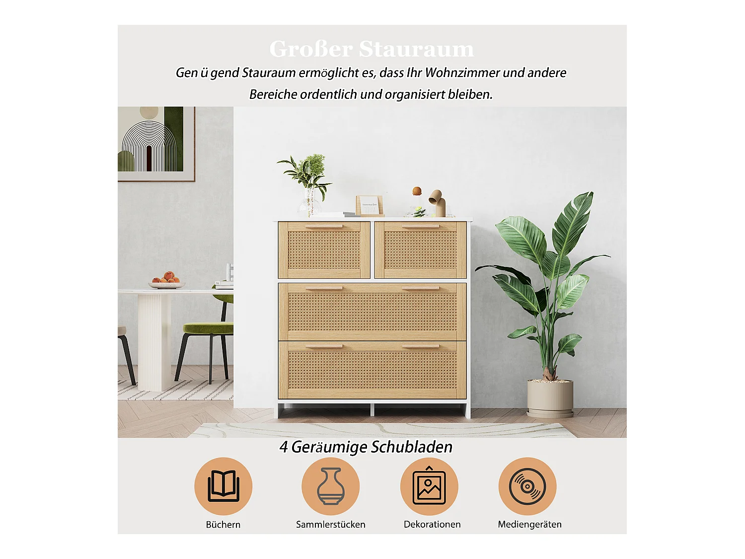 Rotan ladekast, 4-ladenkast met massief houten handgrepen, natuurlijk design, voor woonkamer en hal (80x25x90 cm)