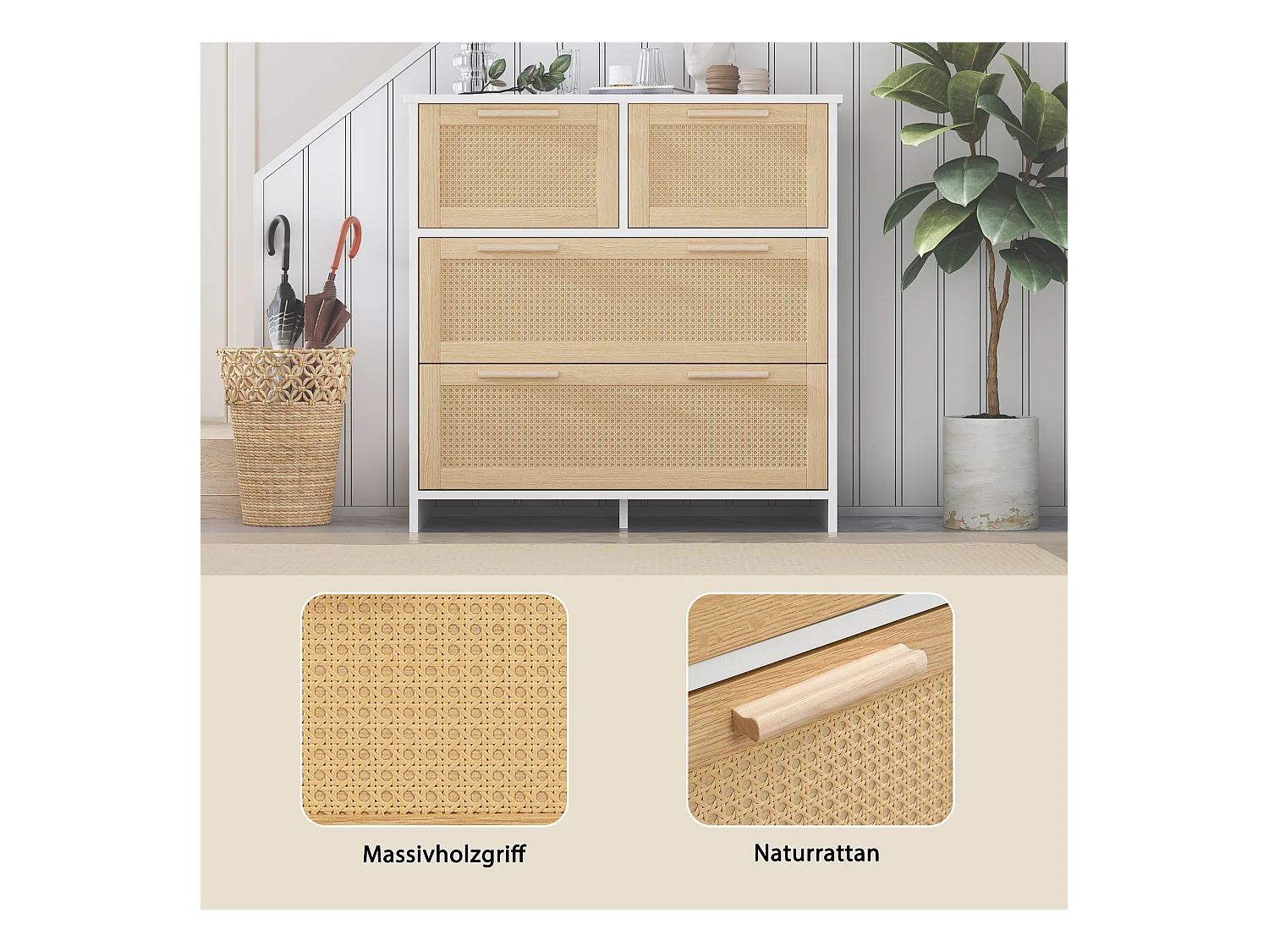 Rotan ladekast, 4-ladenkast met massief houten handgrepen, natuurlijk design, voor woonkamer en hal (80x25x90 cm)