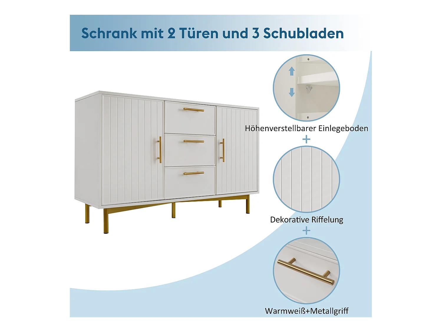 Ladekast met 2 deuren en 3 laden, verstelbare plank, hout, wit (75x120x40 cm)