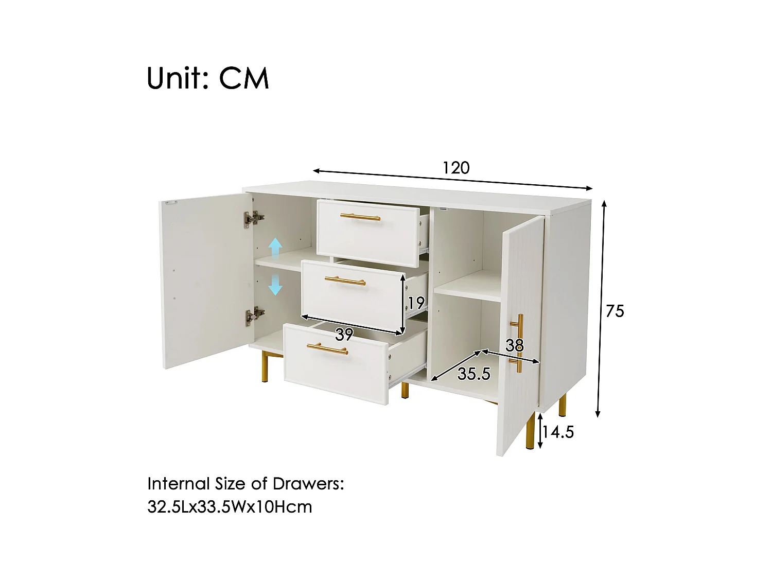 Commode avec 2 portes et 3 tiroirs, étagère réglable, bois, blanc (75x120x40 cm)