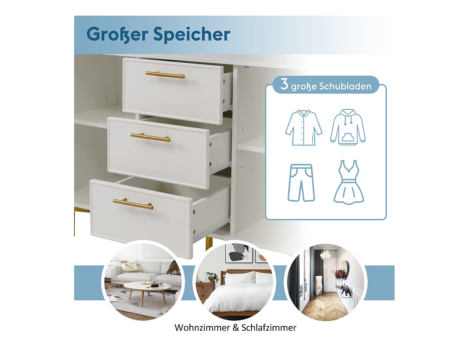 Commode avec 2 portes et 3 tiroirs, étagère réglable, bois, blanc (75x120x40 cm)