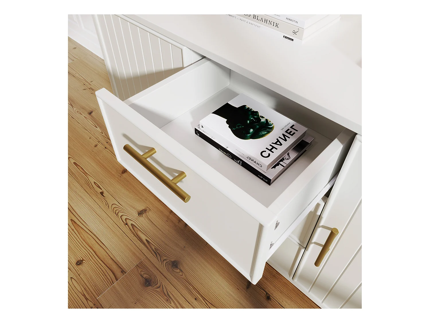 Commode avec 2 portes et 3 tiroirs, étagère réglable, bois, blanc (75x120x40 cm)