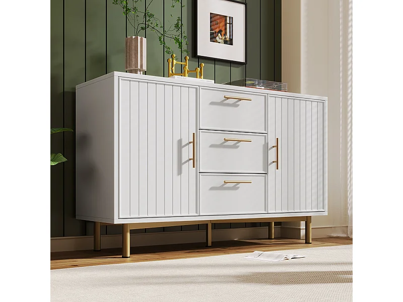 Commode avec 2 portes et 3 tiroirs, étagère réglable, bois, blanc (75x120x40 cm)