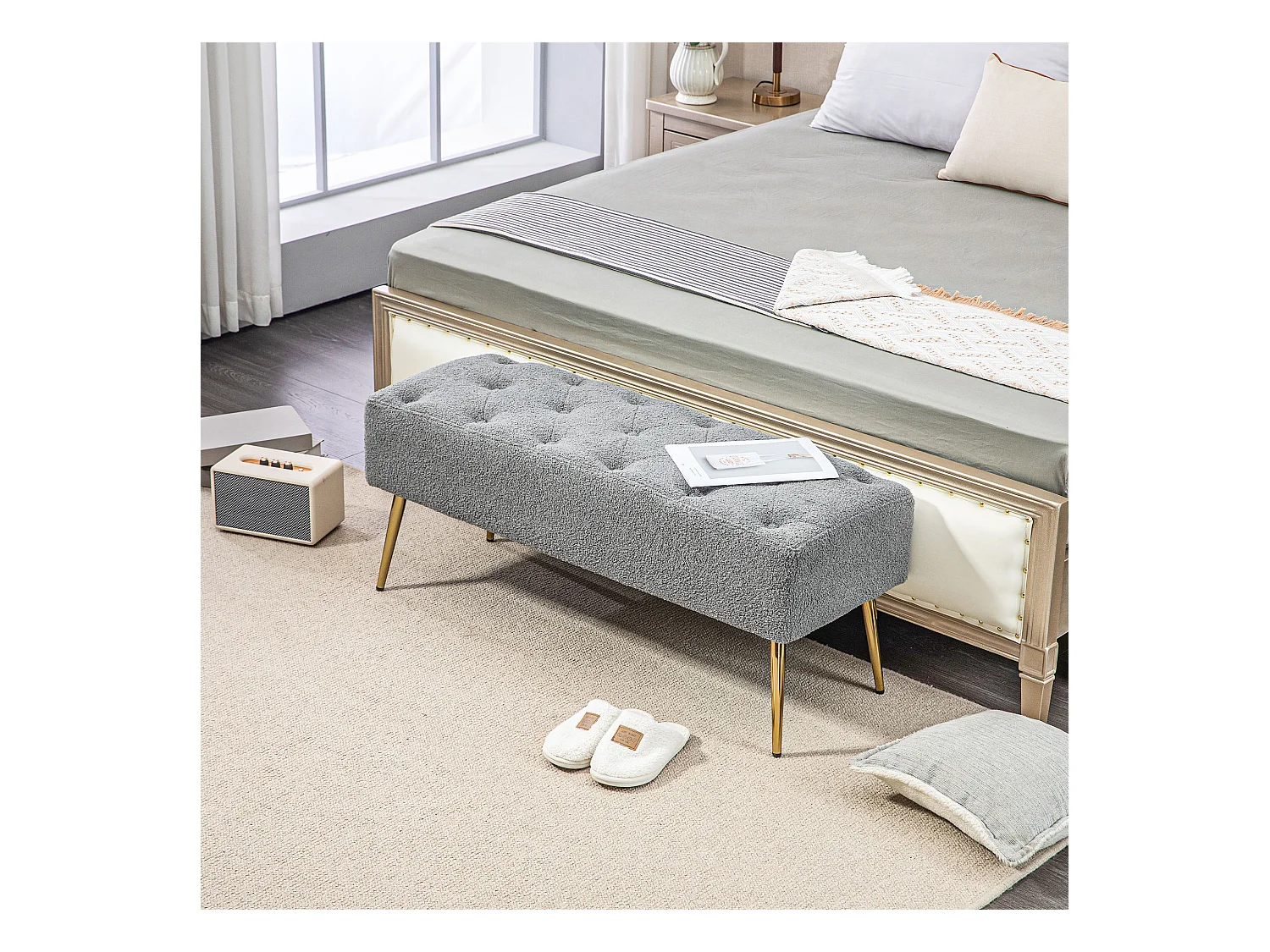 Banc rembourré avec revêtement en imitation laine et boutonnières, pieds en métal, gris (112x41x46 cm)