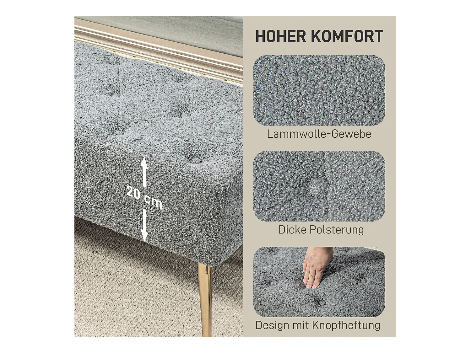 Banc rembourré avec revêtement en imitation laine et boutonnières, pieds en métal, gris (112x41x46 cm)