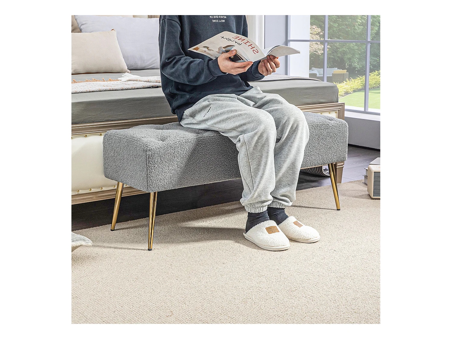 Banc rembourré avec revêtement en imitation laine et boutonnières, pieds en métal, gris (112x41x46 cm)