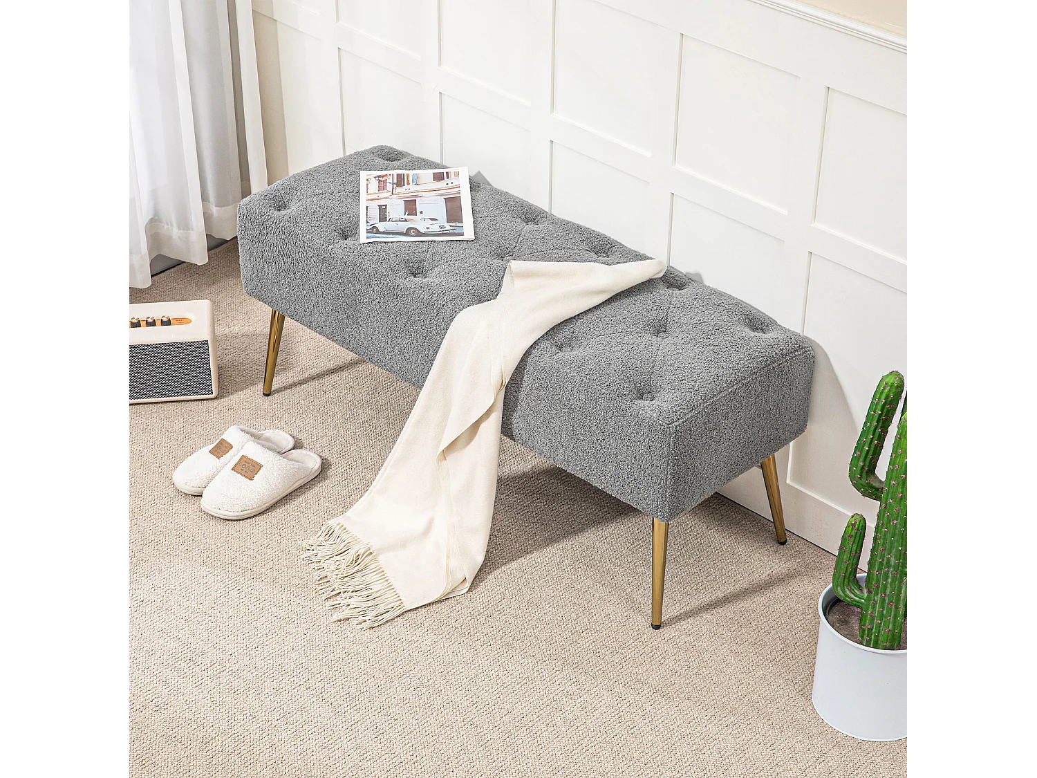 Banc rembourré avec revêtement en imitation laine et boutonnières, pieds en métal, gris (112x41x46 cm)
