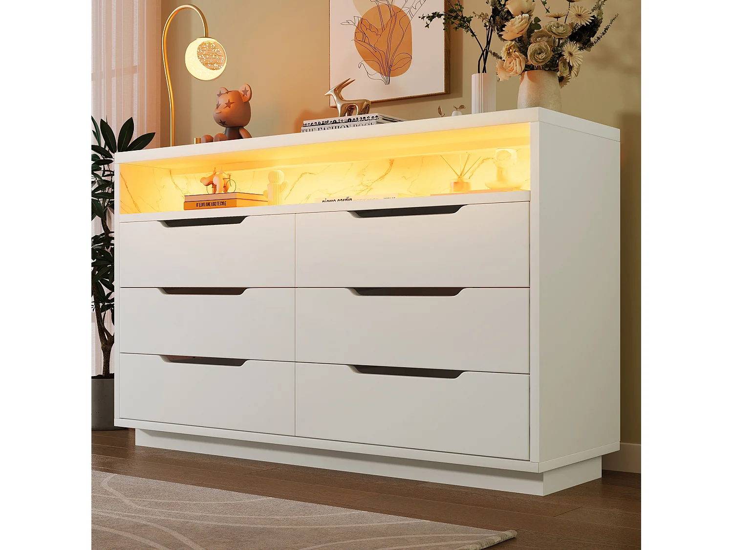 Commode avec LED, 6 tiroirs, design marbré, MDF, blanc (120x40x85 cm)