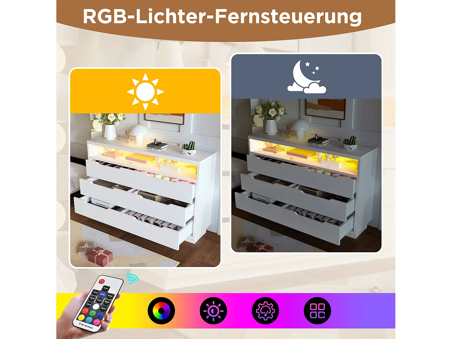 Commode avec LED, 6 tiroirs, design marbré, MDF, blanc (120x40x85 cm)