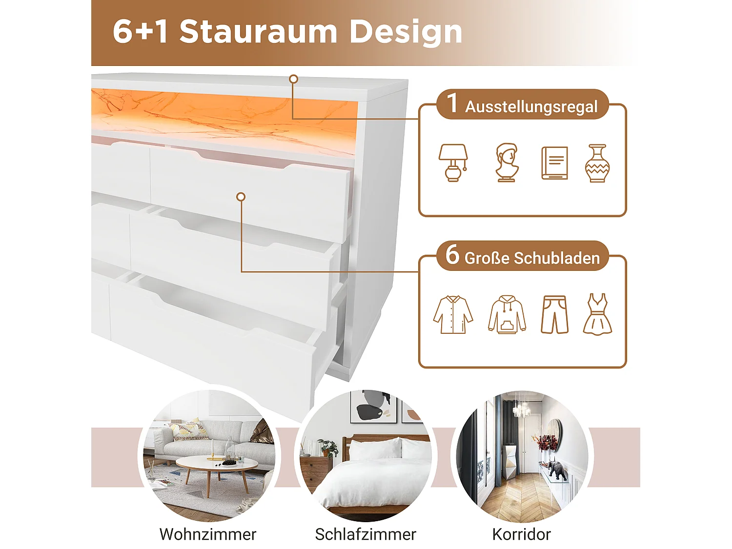 Commode avec LED, 6 tiroirs, design marbré, MDF, blanc (120x40x85 cm)