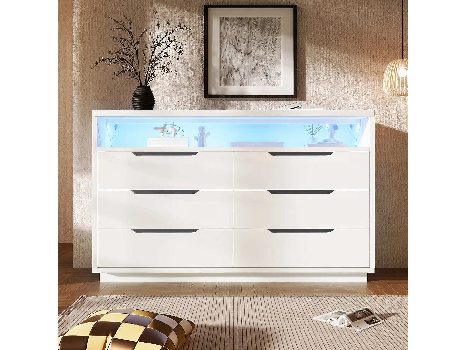 Commode avec LED, 6 tiroirs, design marbré, MDF, blanc (120x40x85 cm)