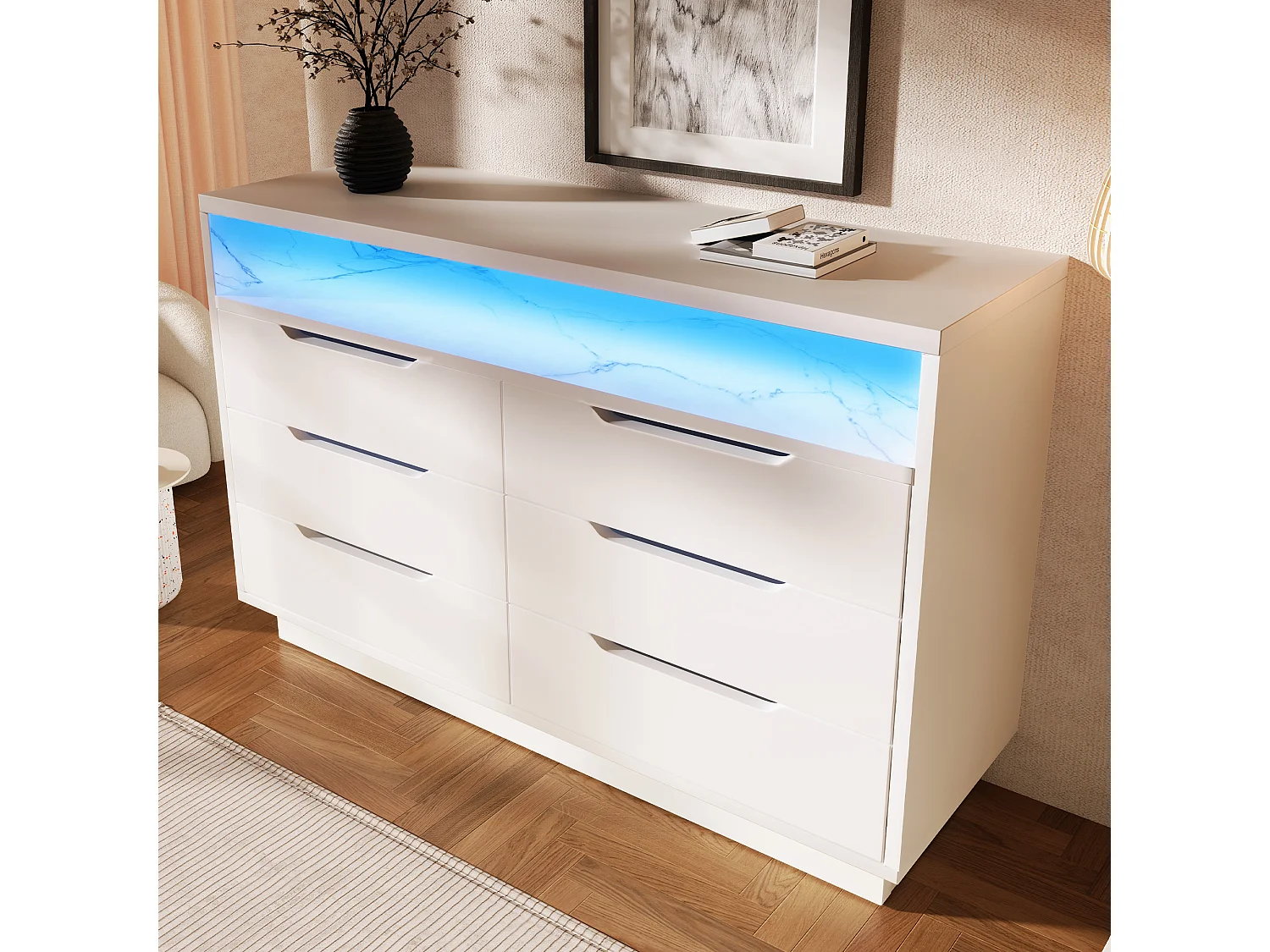 Commode avec LED, 6 tiroirs, design marbré, MDF, blanc (120x40x85 cm)