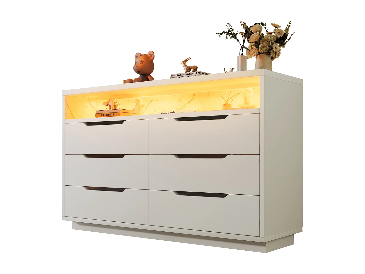 Commode avec LED, 6 tiroirs, design marbré, MDF, blanc (120x40x85 cm)