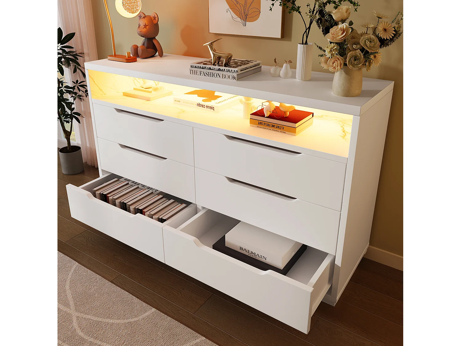 Commode avec LED, 6 tiroirs, design marbré, MDF, blanc (120x40x85 cm)