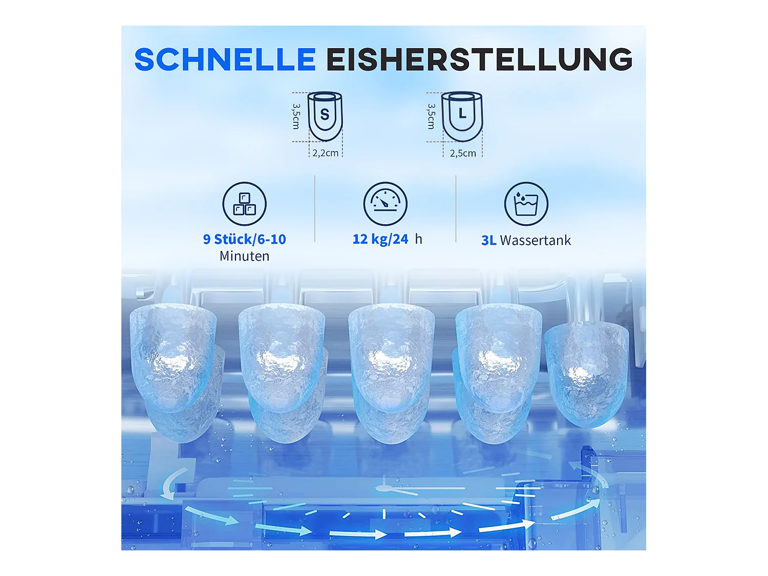 Machine met glazen, 9 glazen in 6-10 minuten, 12 kg/24u, reservoir 2 L, functie auto-net, LCD-scherm (38,9x25,2x36,3 cm)