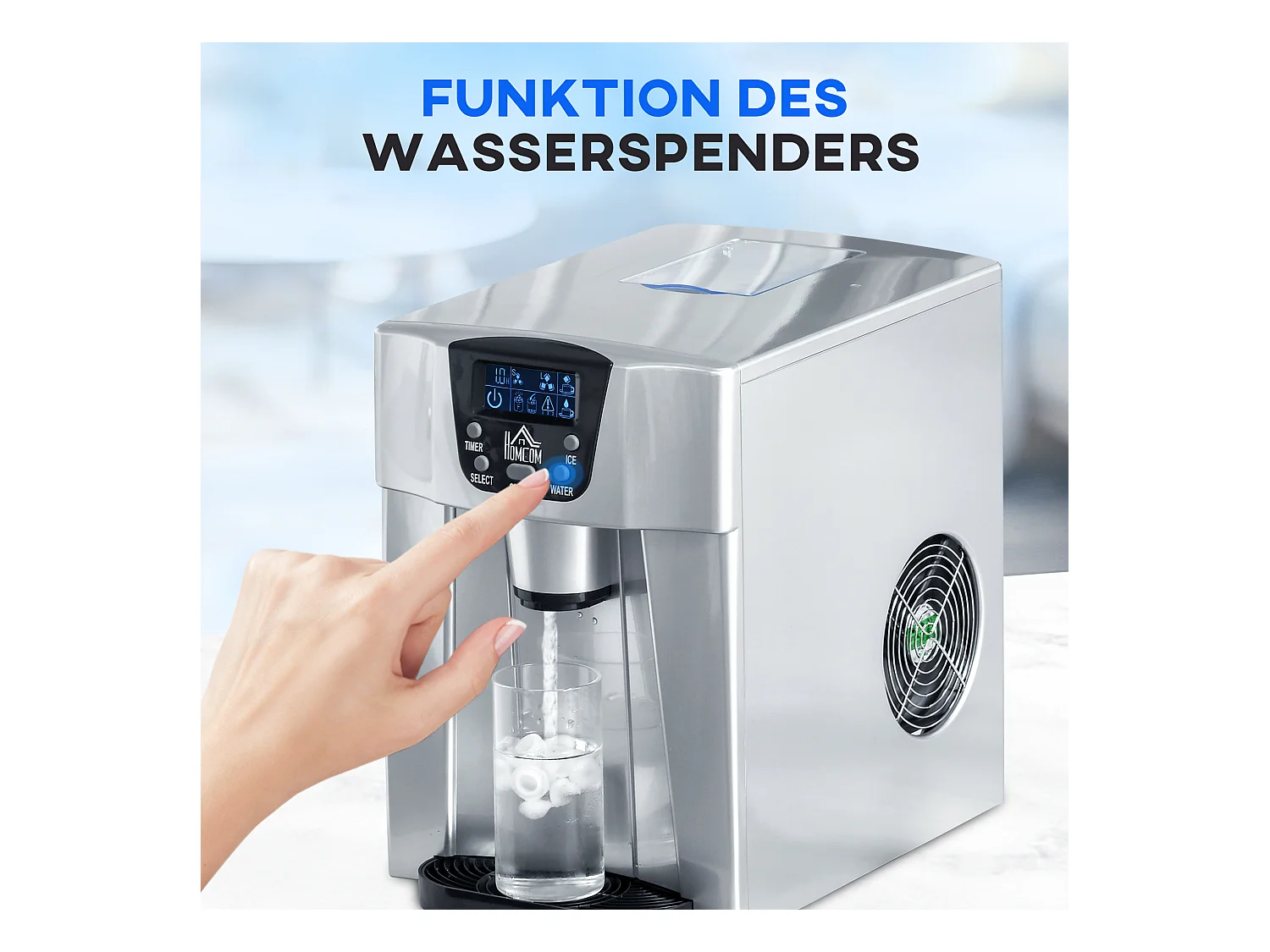 Machine à glaçons, 9 glaçons en 6-10 minutes, 12 kg/24h, réservoir 2 L, fonction auto-nettoyante, affichage LCD (38.9x25.2x36.3 cm)