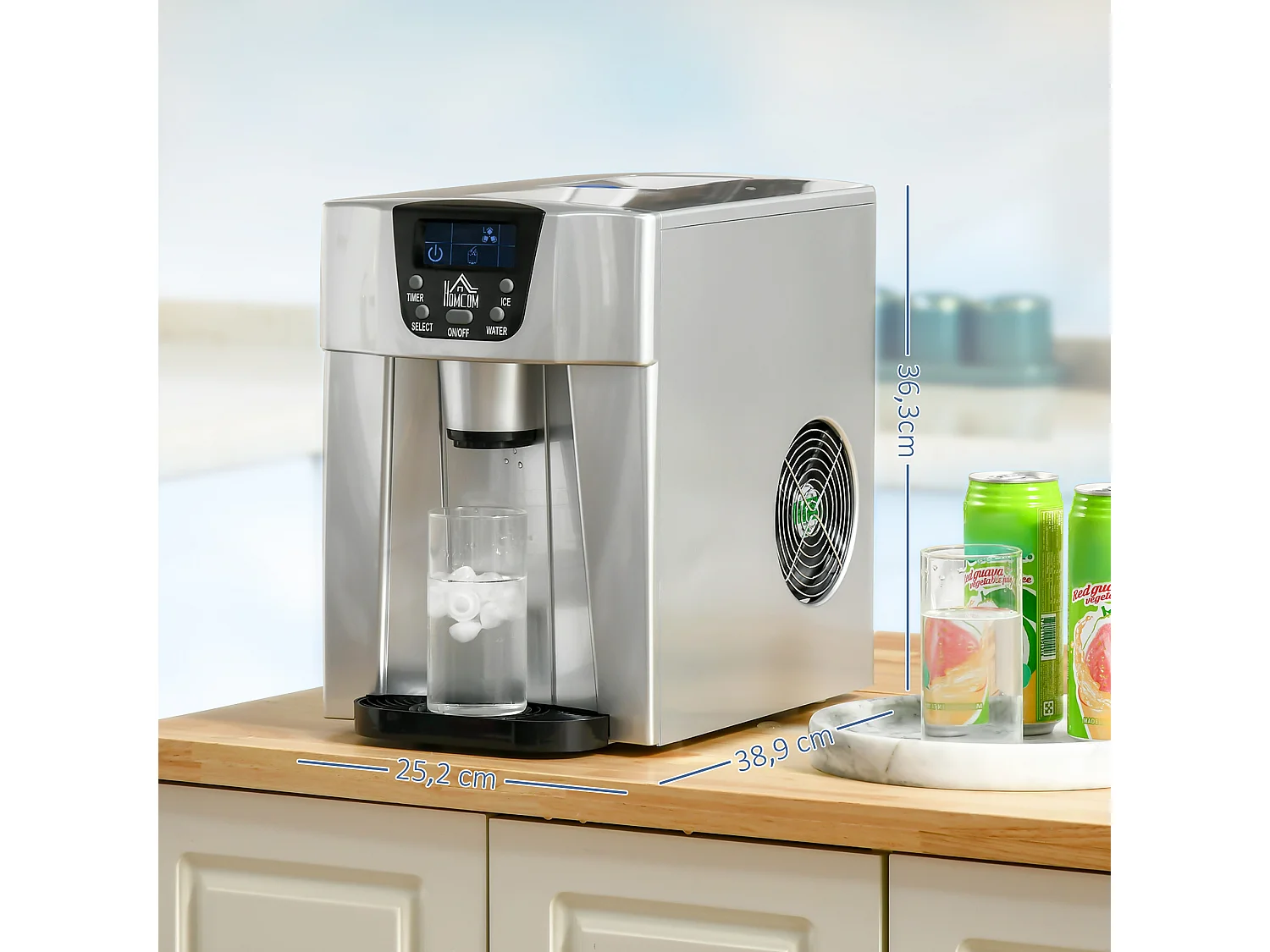 Machine à glaçons, 9 glaçons en 6-10 minutes, 12 kg/24h, réservoir 2 L, fonction auto-nettoyante, affichage LCD (38.9x25.2x36.3 cm)