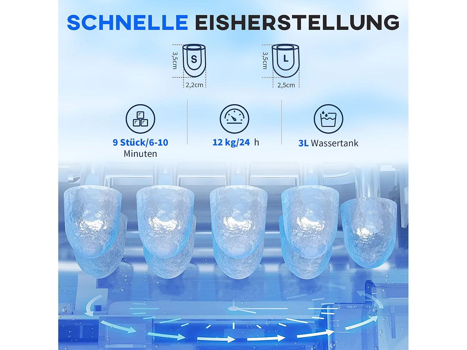 Machine à glaçons, 9 glaçons en 6-10 minutes, 12 kg/24h, réservoir 2 L, fonction auto-nettoyante, affichage LCD (38.9x25.2x36.3 cm)